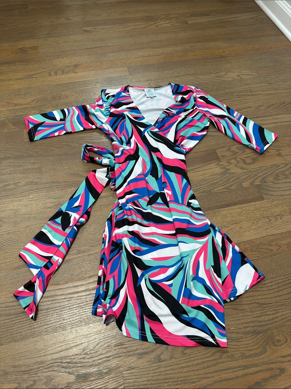 Tracy Negoshian Pink Blue Teal Black White Wrap Dress